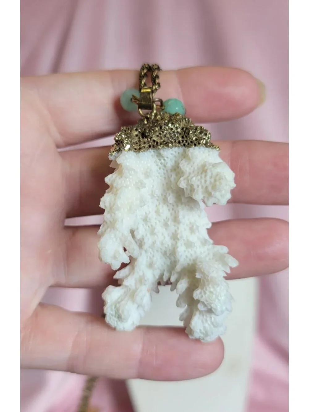 Natural White Coral Pendant Chain Marked AJC 1/20 12kGF Co Necklace N1F